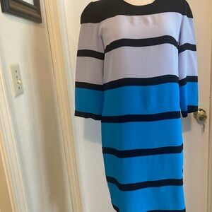 Sonia Rykiel 100% Silk Striped Blue and Black Dress with 3/4 sleeve.